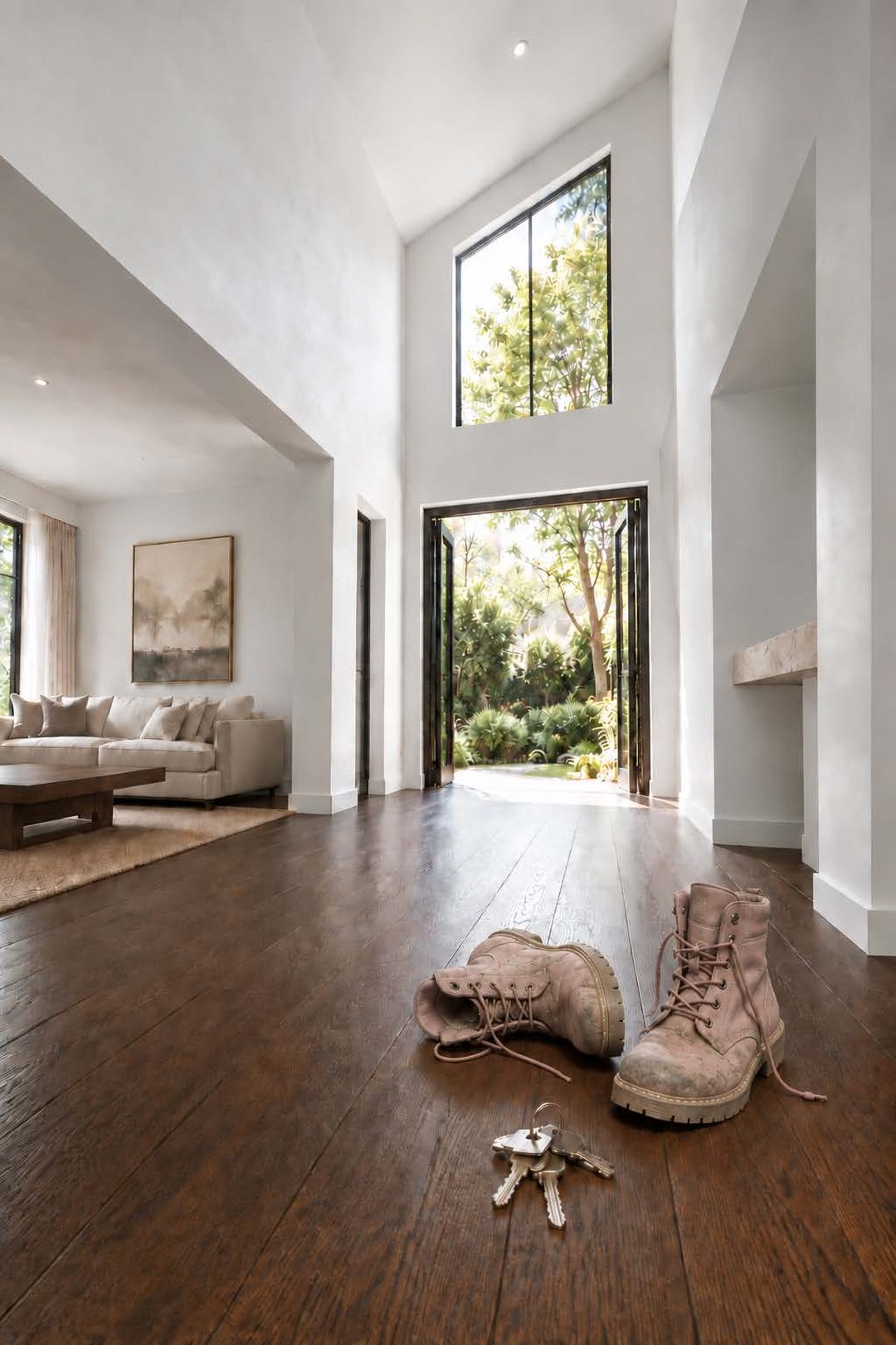 Pink boots and keys on the timber floor of a light-filled entryway
