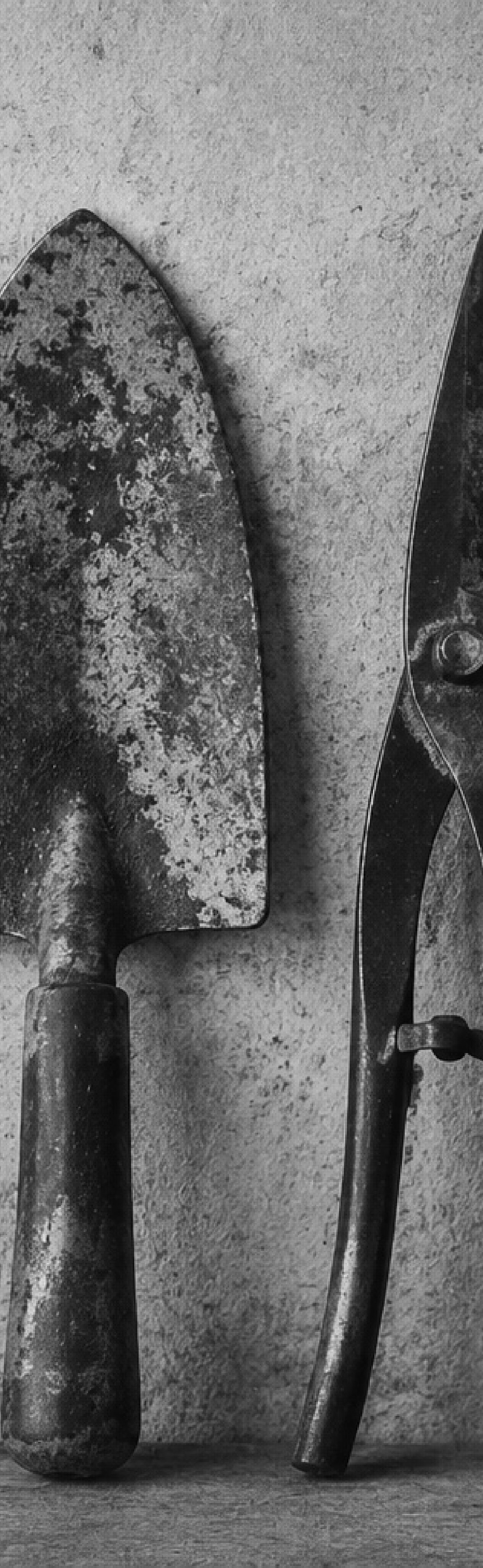 Garden tools against a concrete wall